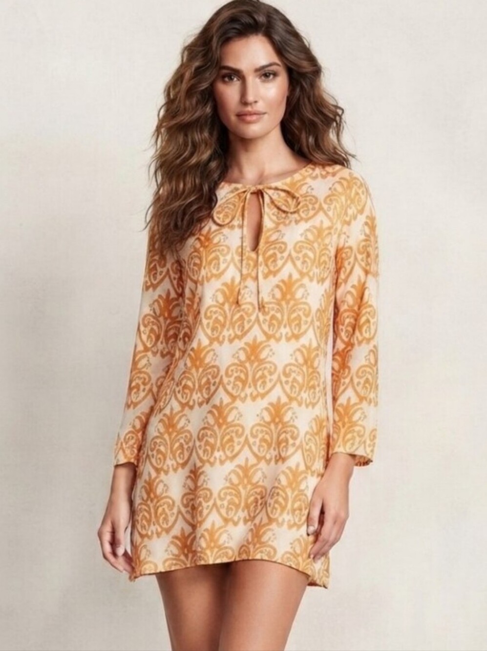 Women's Orange And Cream Patterned Summer Coverup Mini Dress Resort Dress Small